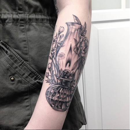 Tattoos - Oil Lamp and Floral on Forearm- Instagram @michaelbalesart - 121893